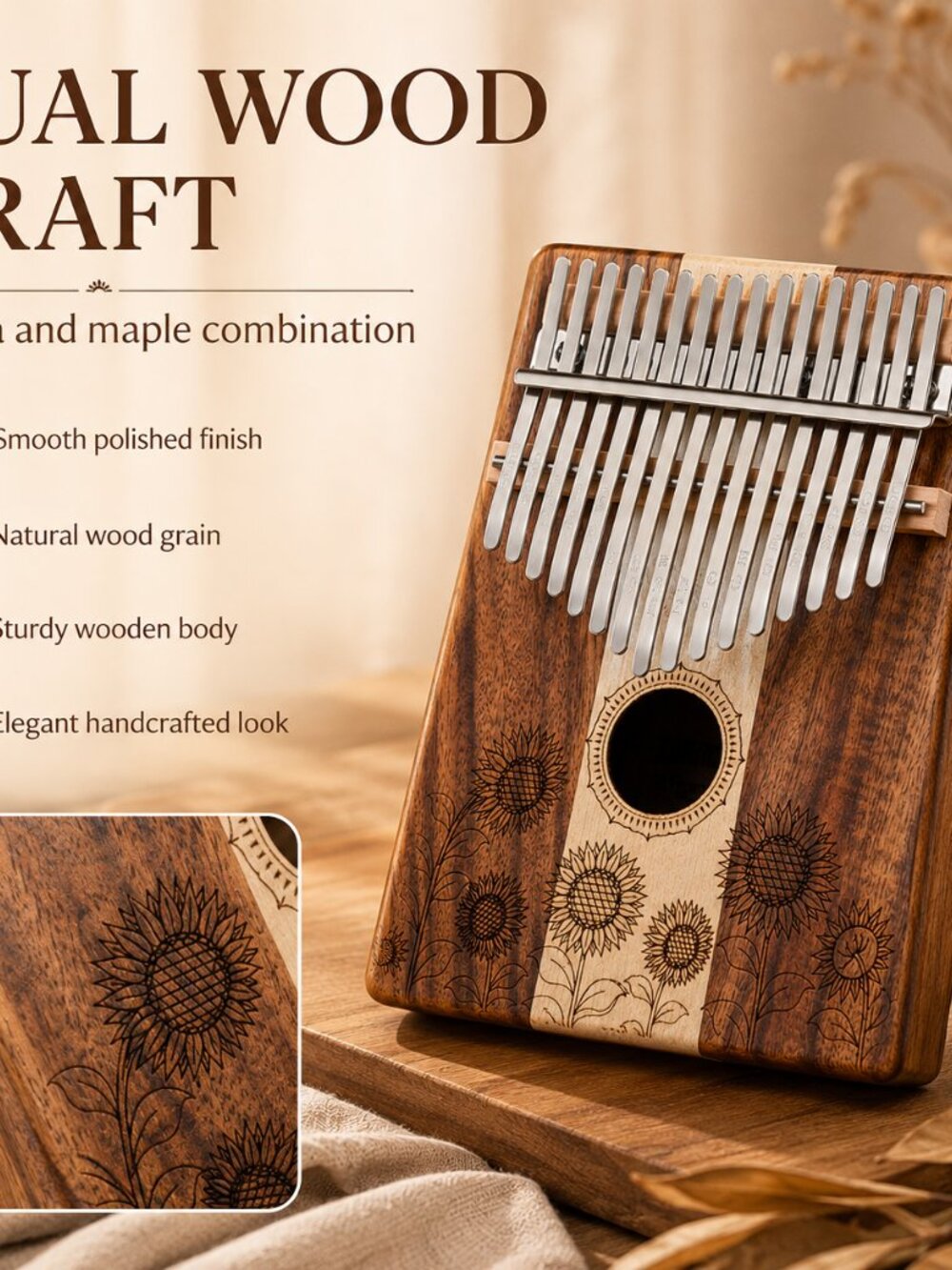 17 Key Wooden Kalimba Sunflower Design Thumb Piano Beginner Gift Case - Picture 5 of 10